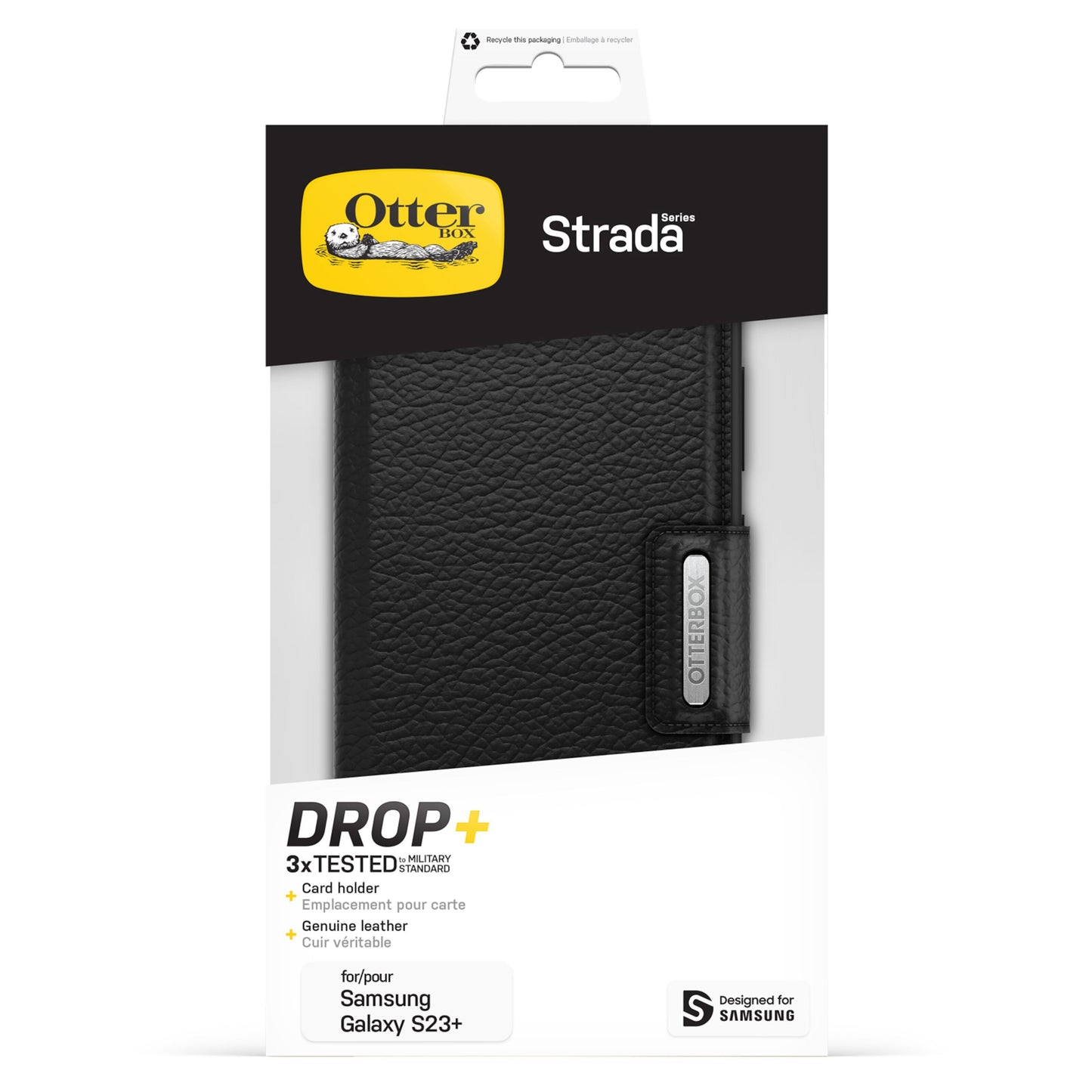 Otterbox Strada læder pung-etui til Galaxy S23 Plus sort, kortholder, DROP+ beskyttelse, Otterbox logo.