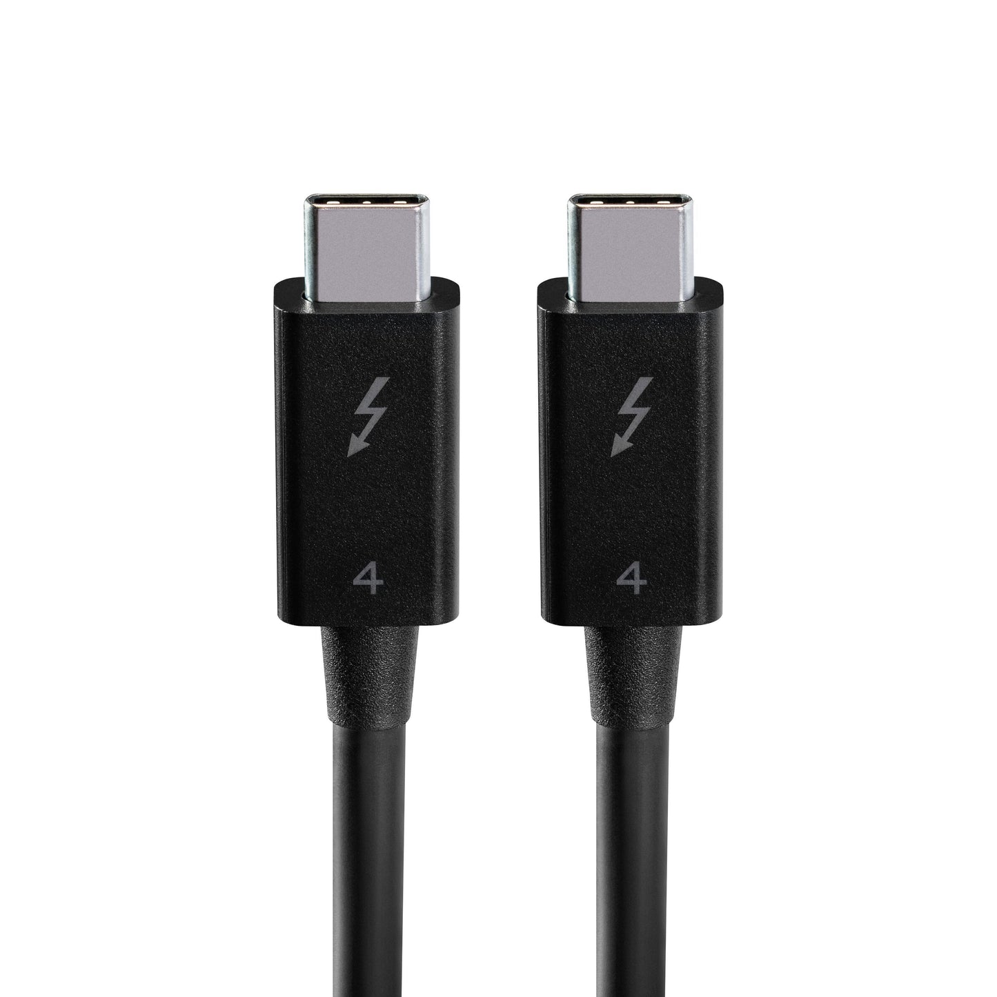 Plexgear Thunderbolt 4 USB-C kabel sort 80 cm med lyn-logo og tallet 4, understøtter dataoverførsel op til 40 Gb/s.