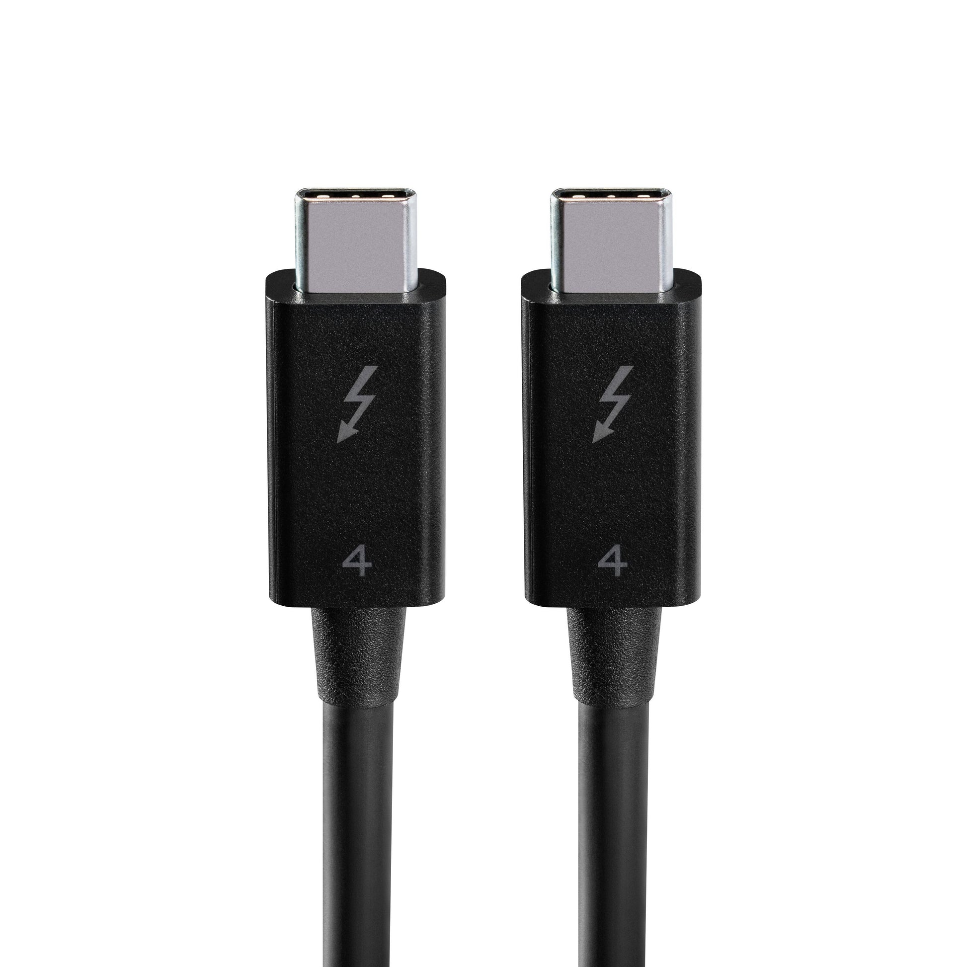 Plexgear Thunderbolt 4 USB-C kabel sort 80 cm med lyn-logo og tallet 4, understøtter dataoverførsel op til 40 Gb/s.