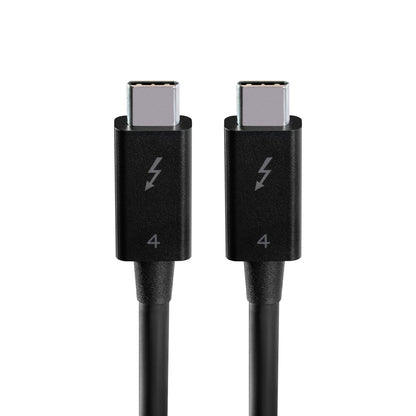 Plexgear Thunderbolt 4 USB-C kabel sort 80 cm med lyn-logo og tallet 4, understøtter dataoverførsel op til 40 Gb/s.