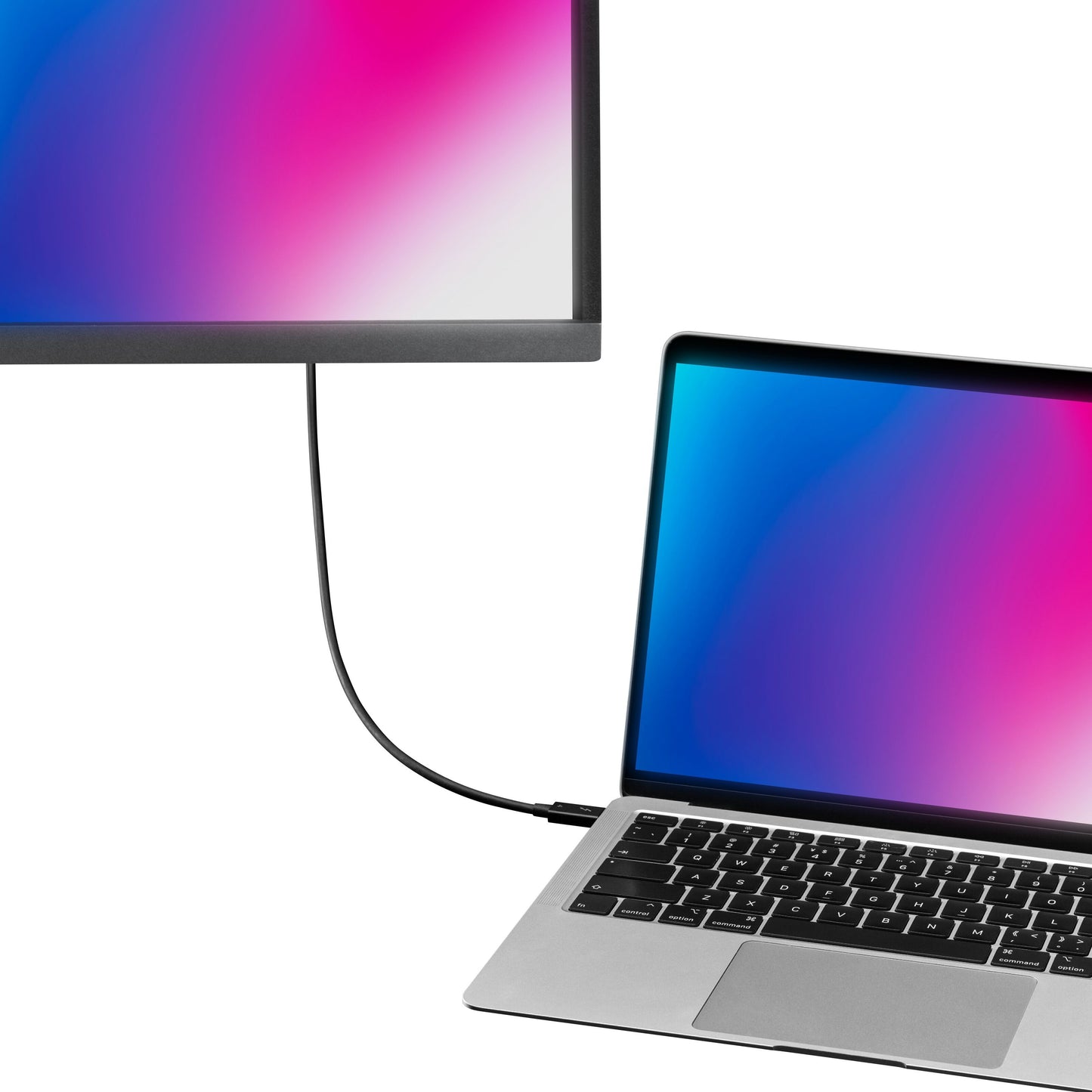 Plexgear Thunderbolt 4 USB-C-kabel 80 cm sort forbinder laptop til monitor, begge med pink, blå og hvid gradient på skærm.