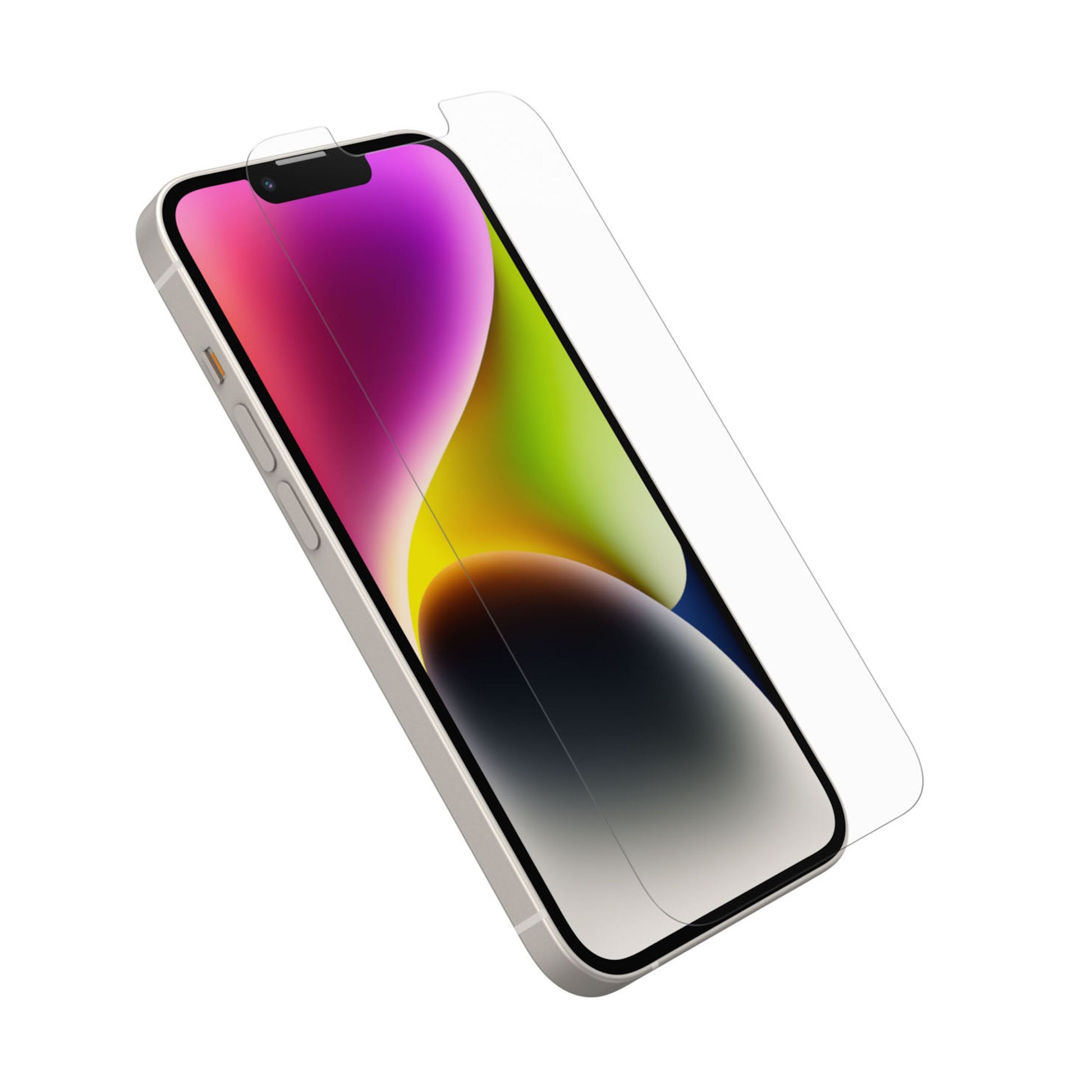 Otterbox Amplify Anti-Micro skærmbeskytter til iPhone 14, kompatibel med iPhone 13 og 13 Pro, vises over hvid iPhone.