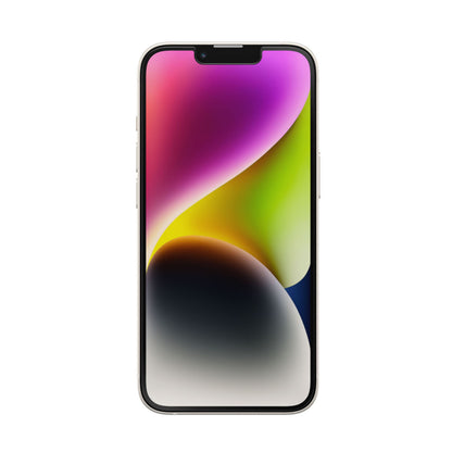 Otterbox Amplify Anti-Micro Skærmbeskytter til iPhone 13, 13 Pro og 14 på smartphone med smal kant og farverig skærm.