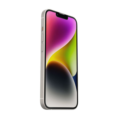 Otterbox Amplify Anti-Micro Skærmbeskytter til iPhone 13, 13 Pro, 14 monteret på iPhone med tændt display.