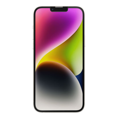 IPhone 13 Pro Max med tynd ramme, farverigt abstrakt tapet og hakket skærm med Amplify Anti-Micro Skærmbeskyttelse.