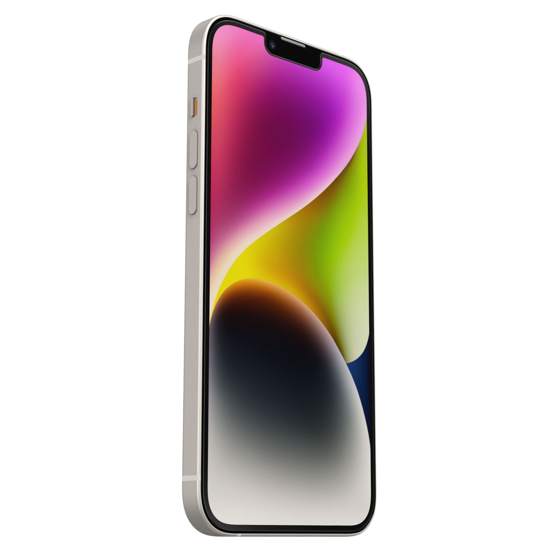 Otterbox Amplify Anti-Micro skærmbeskyttelse til iPhone 13 Pro Max/14 Plus på sølvfarvet smartphone med abstrakt baggrund.