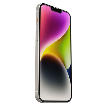 Otterbox Amplify Anti-Micro skærmbeskyttelse til iPhone 13 Pro Max/14 Plus på sølvfarvet smartphone med abstrakt baggrund.