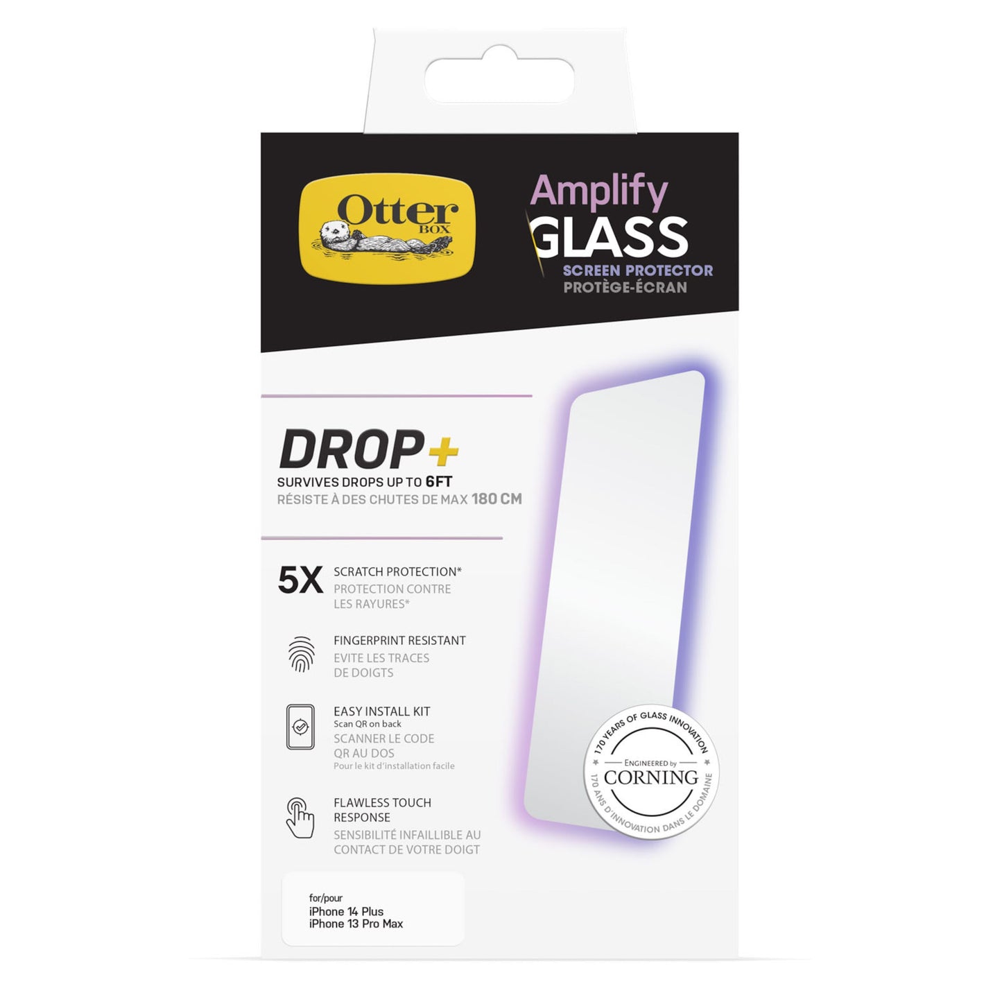 Otterbox Amplify Anti-Micro skærmbeskyttelse iPhone 13 Pro Max/14 Plus med antimikrobiel belægning, lilla/gule æskedetaljer.