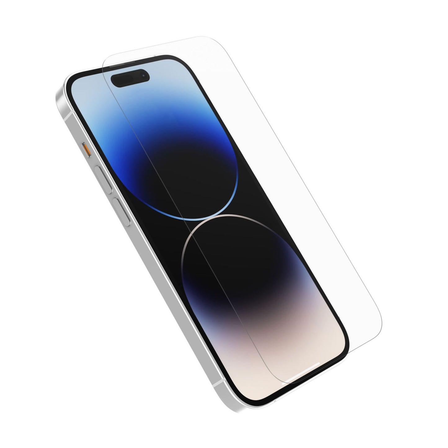 Otterbox Amplify Anti-Micro skærmbeskyttelse til iPhone 14 Pro over smartphone med blå gradient skærm, let vinklet.