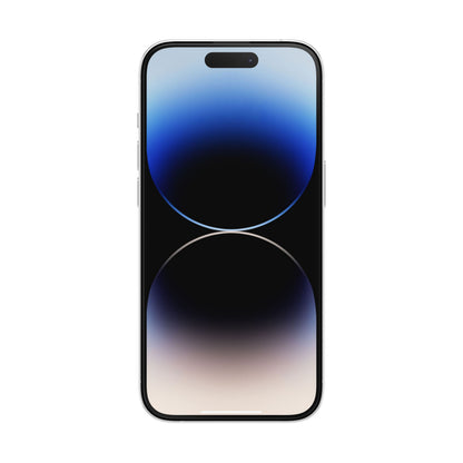 Apple iPhone 14 Pro Silver front, blå-sort abstrakt skærmbaggrund, Dynamic Island, med Otterbox Amplify Anti-Micro skærmbeskyttelse.