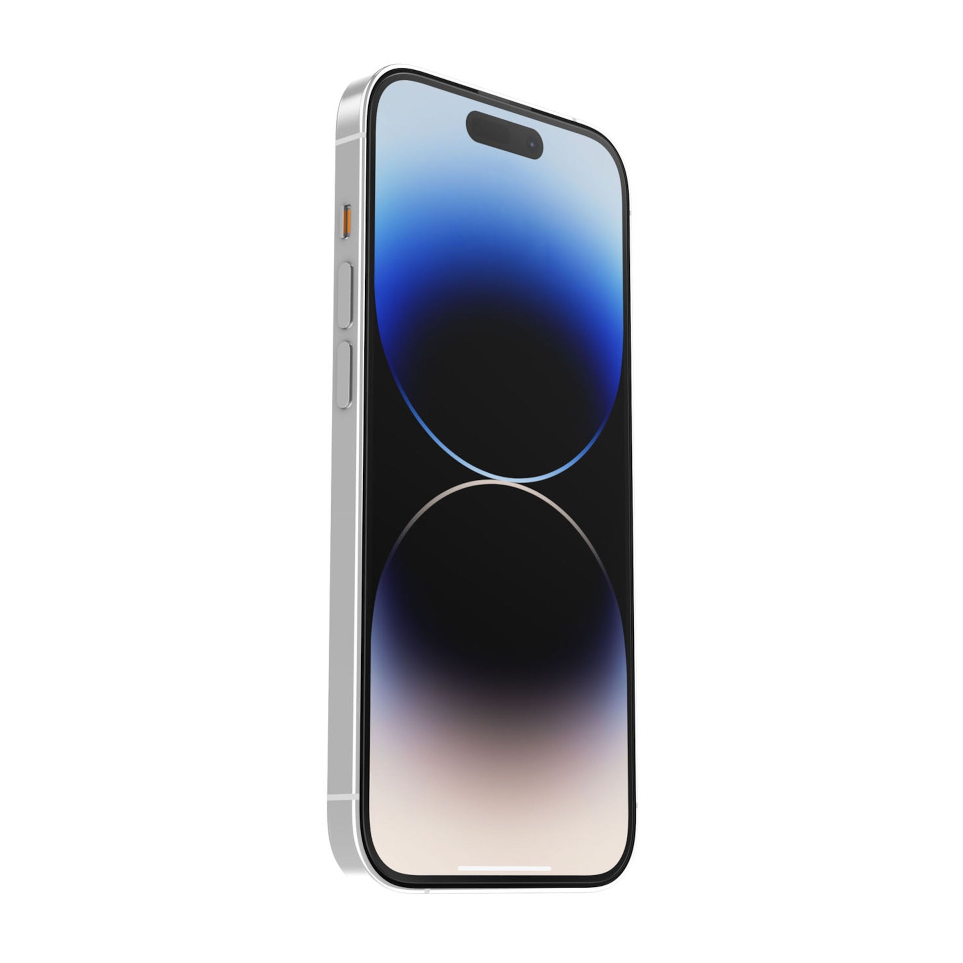 Otterbox Amplify Anti-Micro skærmbeskytter til iPhone 14 Pro på sølvfarvet mobil, abstrakt sort/blå/hvid skærm, frontvinkel.