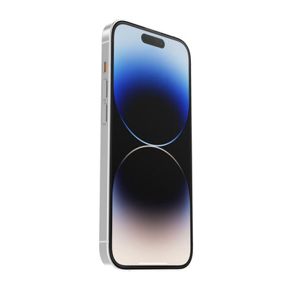 Otterbox Amplify Anti-Micro skærmbeskytter til iPhone 14 Pro på sølvfarvet mobil, abstrakt sort/blå/hvid skærm, frontvinkel.