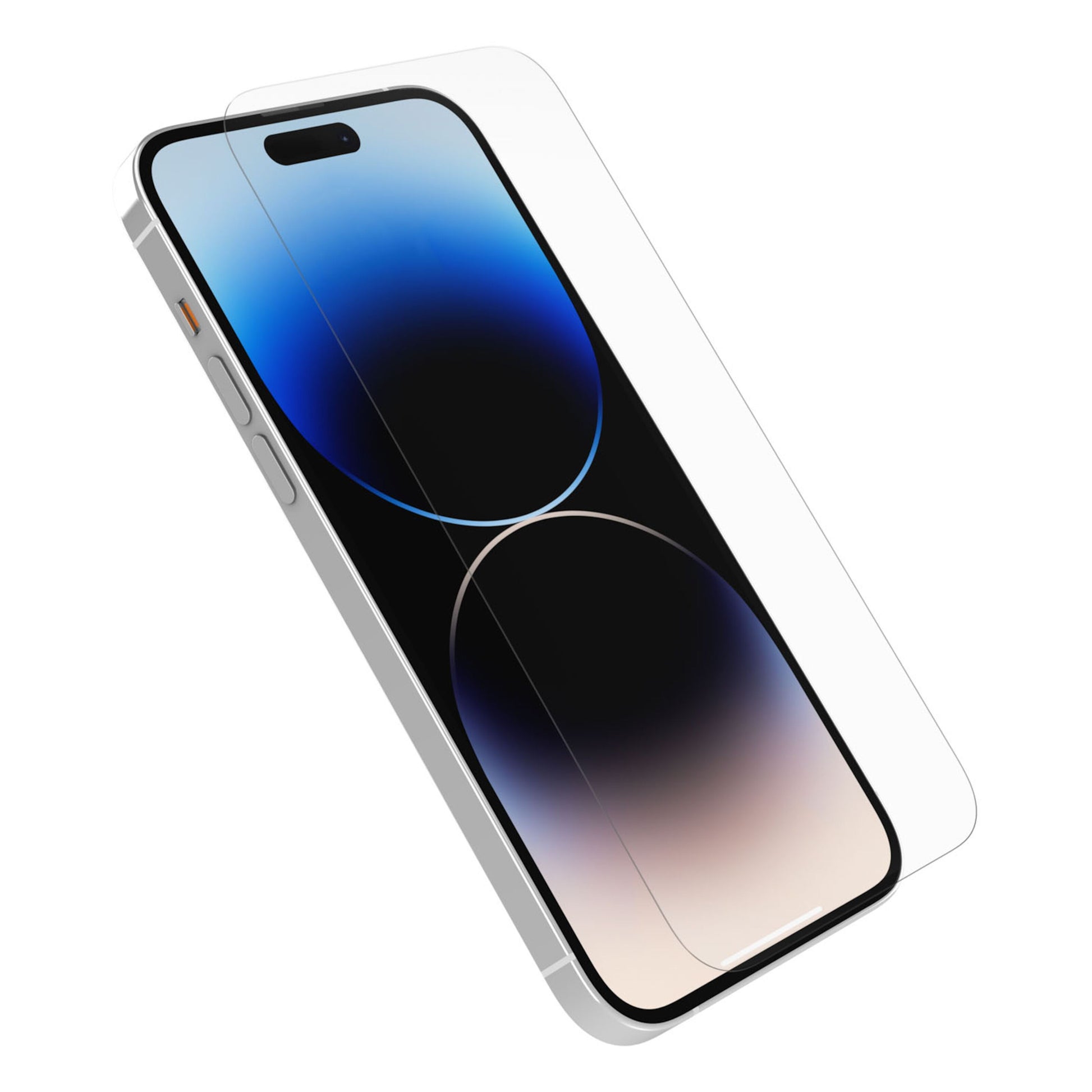 IPhone 14 Pro Max med blå gradueret skærm og Amplify Anti-Micro skærmbeskytter delvist påført.