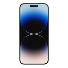 Otterbox Amplify Anti-Micro skærmbeskytter til iPhone 14 Pro Max, sort ramme, blå-sort gradient cirkelbaggrund.