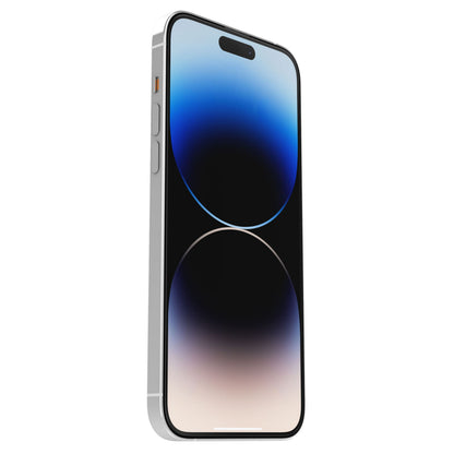 Otterbox Amplify Anti-Micro skærmbeskytter til iPhone 14 Pro Max på mobil med flade sider, sølvkanter og farvedisplay.