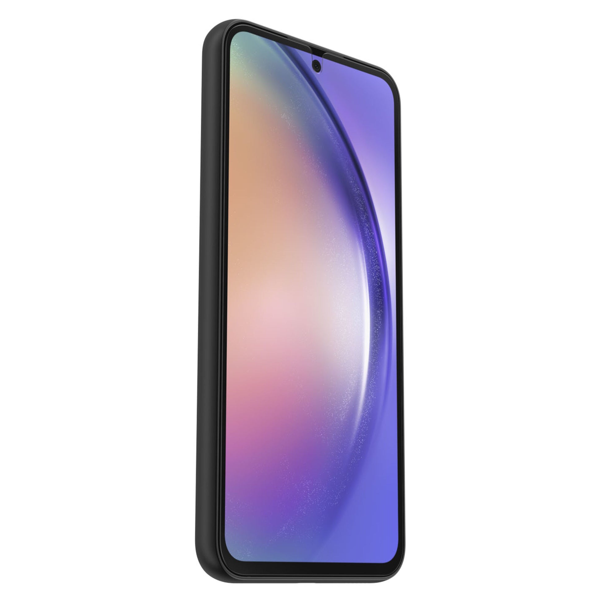 Samsung Galaxy A54 5G front, sort ramme, farverigt gradientdisplay i lilla/blå/fersken, centreret frontkamera.