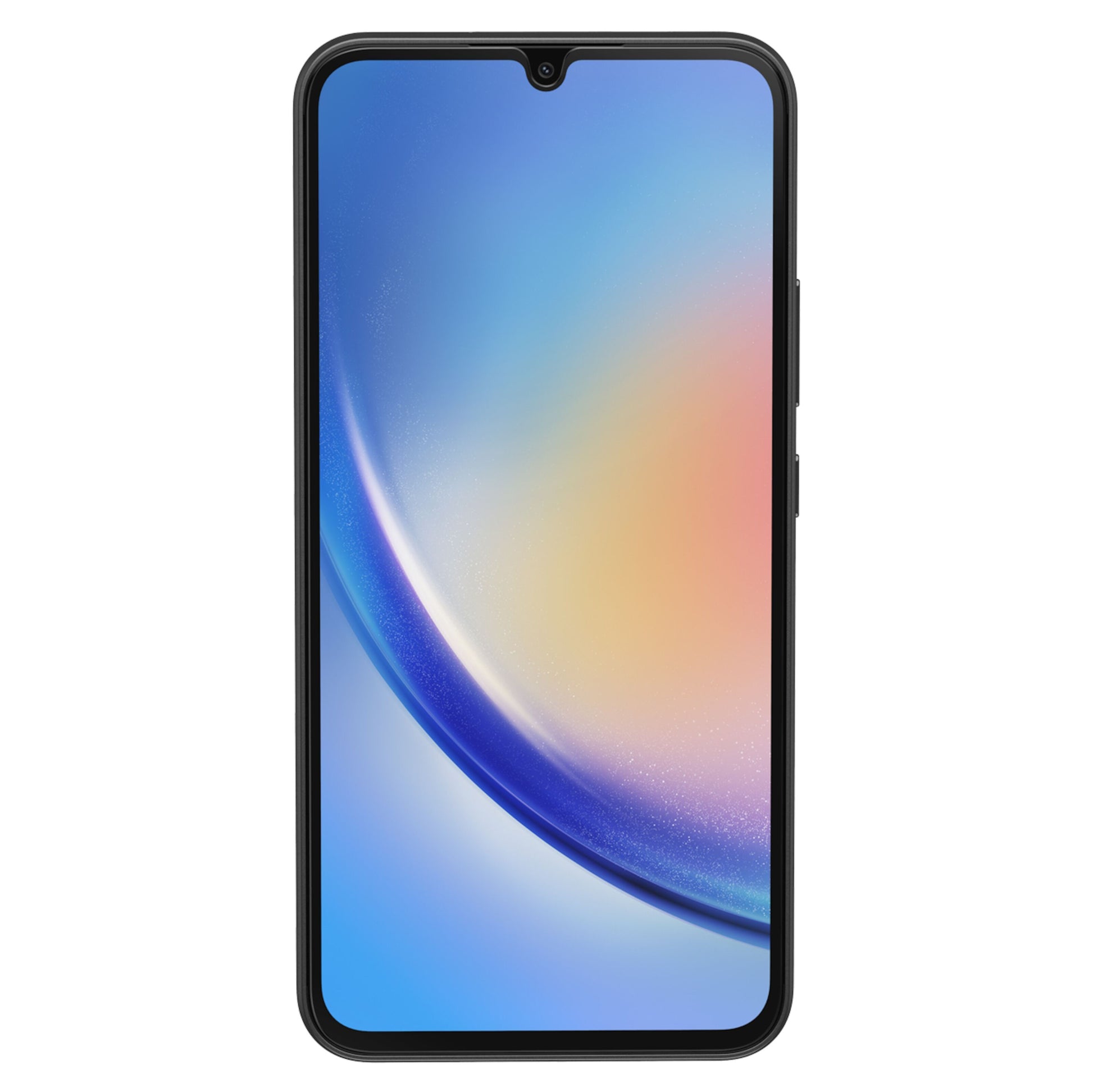 Samsung Galaxy A34 5G sort ramme, farverig gradient-skærm, lille frontkamera-notch, kompatibel med Pålideligt skærmbeskyttelse.