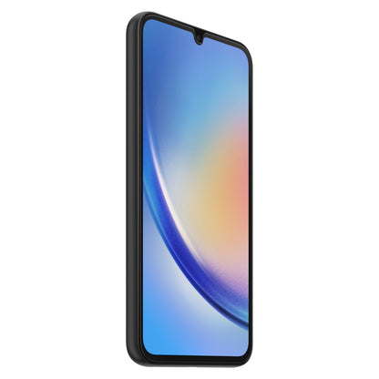 Samsung Galaxy A34 5G sort med farverigt tapet, teardrop notch frontkamera og Otterbox Pålideligt skærmbeskyttelse.