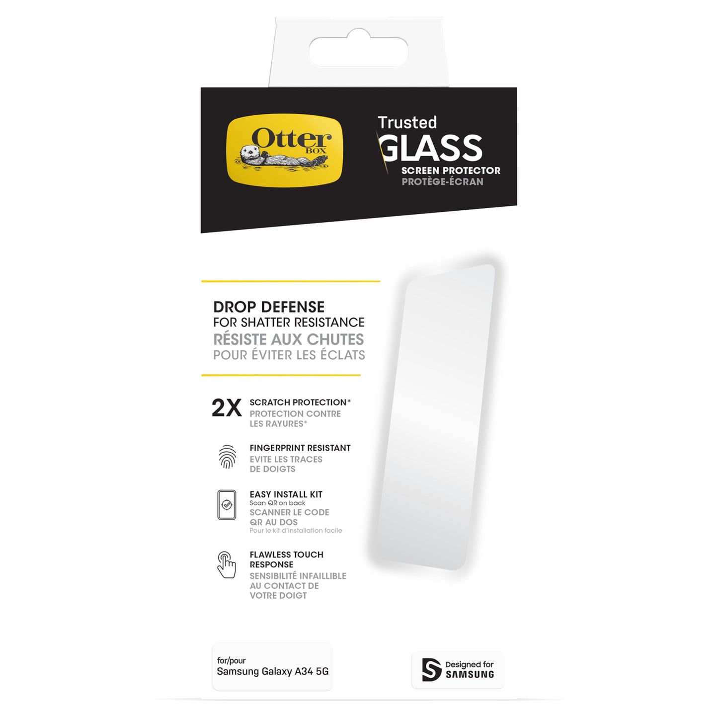 Otterbox skærmbeskyttelse til Samsung Galaxy A34 5G med dropbeskyttelse, ridsebeskyttelse og fingeraftryksresistens.
