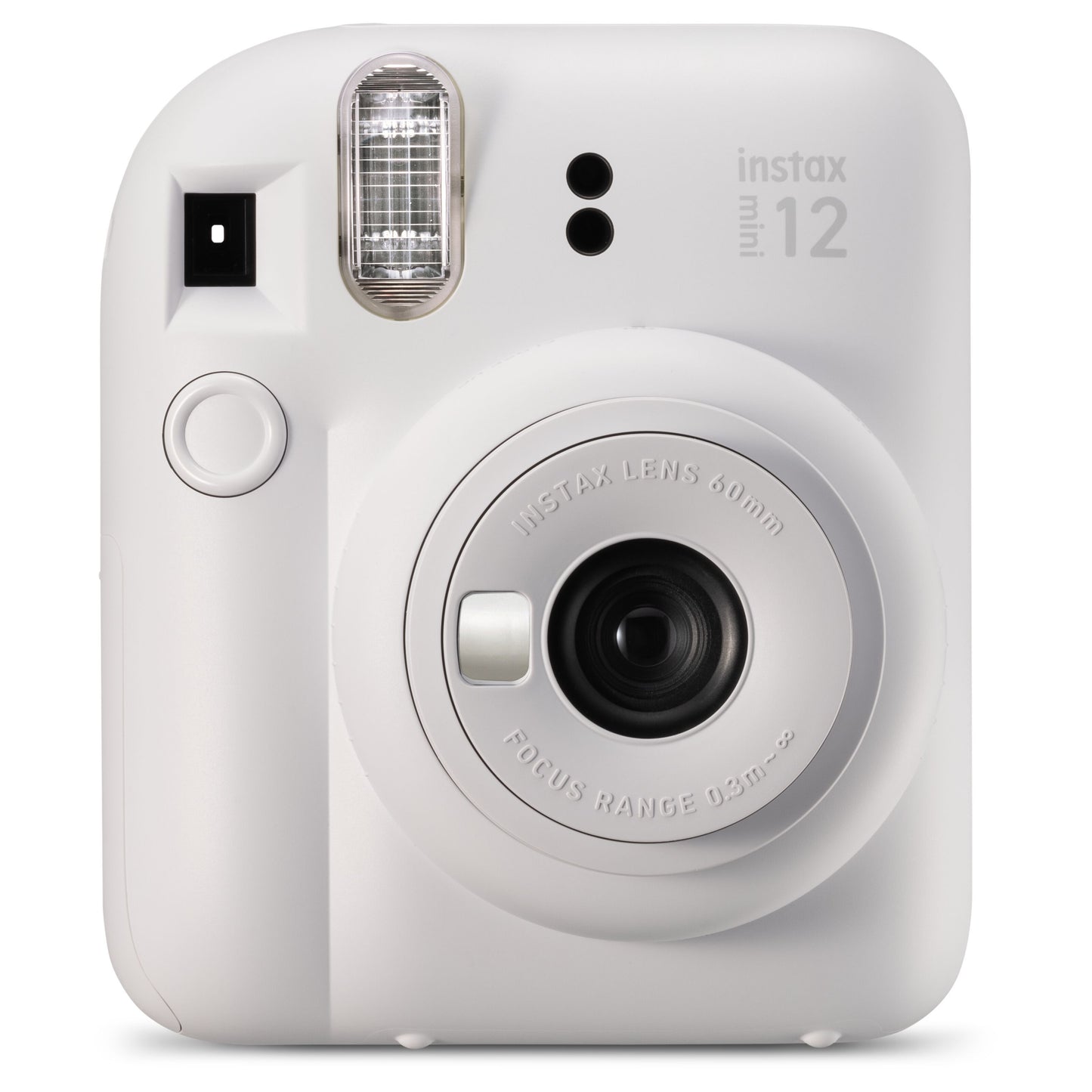 Fujifilm Instax Mini 12 instant kamera front med objektiv, blitz, udløserknap og søger.