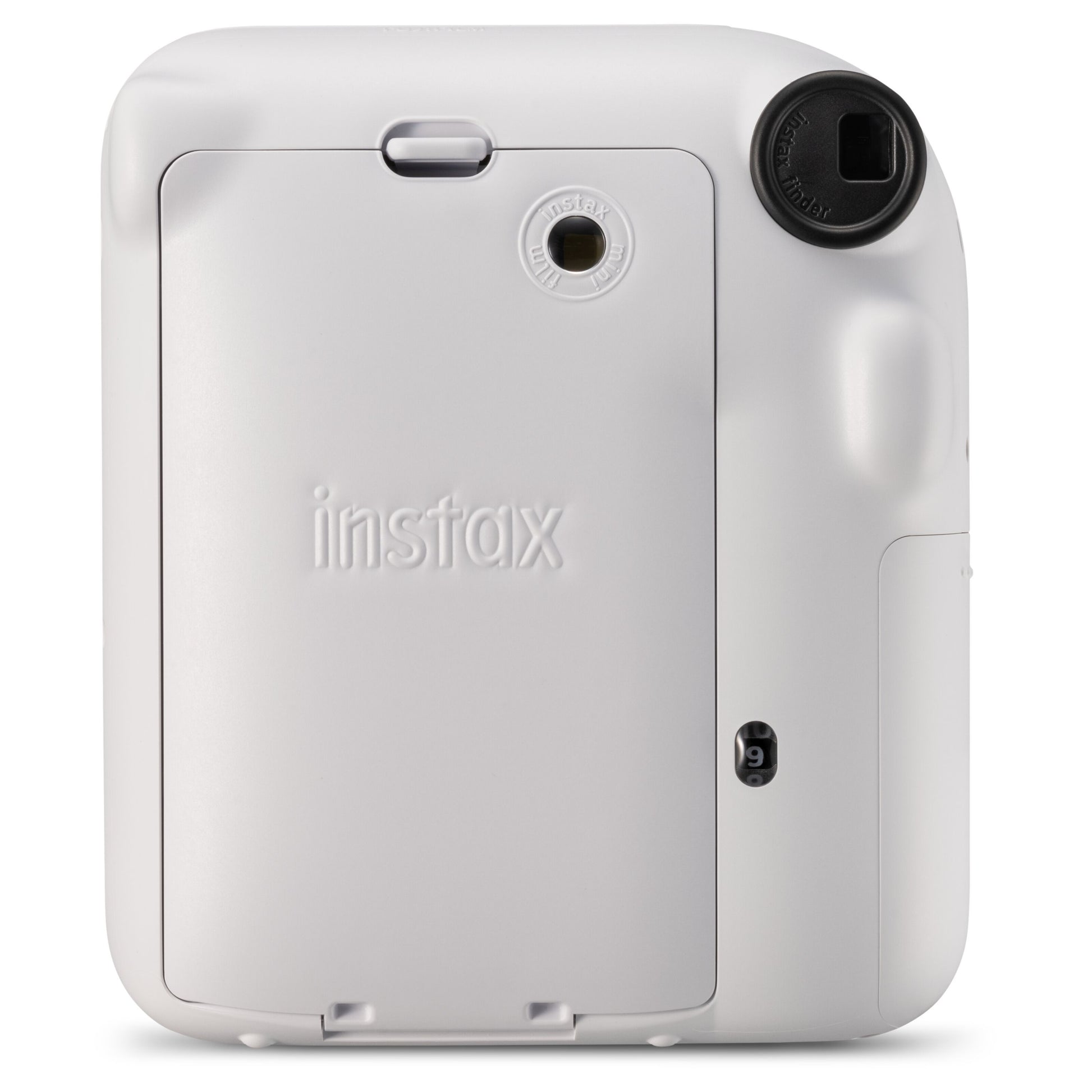 Bagside af Fujifilm Instax Mini 12 kamera med filmrum, instax-logo, rund rude og filmtæller nederst til højre.