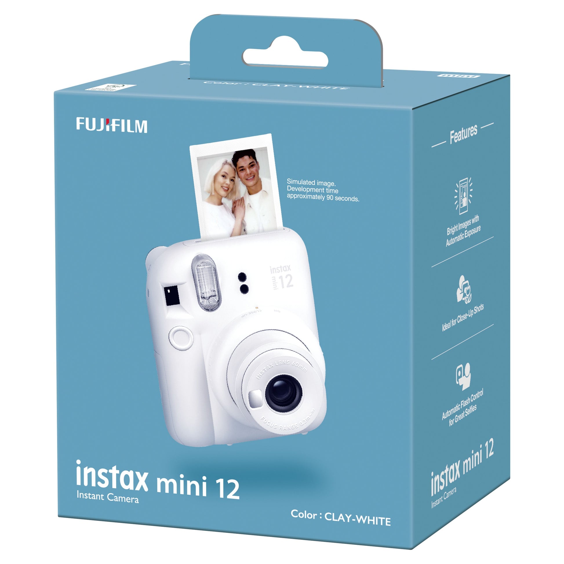 Fujifilm Instax Mini 12 kamera clay white på blå æske med billedeksempel, automatisk eksponering og close-up mode vises.