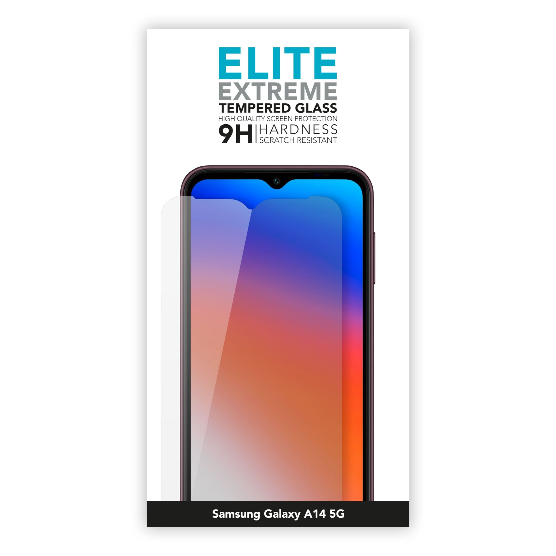 Elite Extreme skærmbeskyttelse til Samsung Galaxy A14 5G i æske, delvist påført på telefon, 9H hærdet glas.