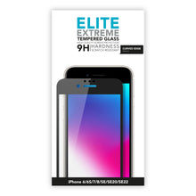 Elite Extreme Curved skærmbeskyttelse til iPhone 6/7/8/SE 2020/2022, 9H hårdhed og ridsefast, vist på emballagen.