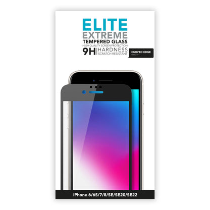 Elite Extreme Curved skærmbeskyttelse til iPhone 6/7/8/SE 2020/2022, 9H hårdhed og ridsefast, vist på emballagen.
