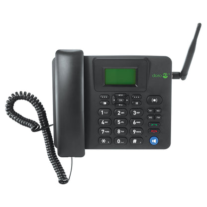 Doro 4100H bordtelefon sort med 4G, grøn skærm, taster, funktionsknapper, ekstern antenne og håndsæt med spiral ledning.
