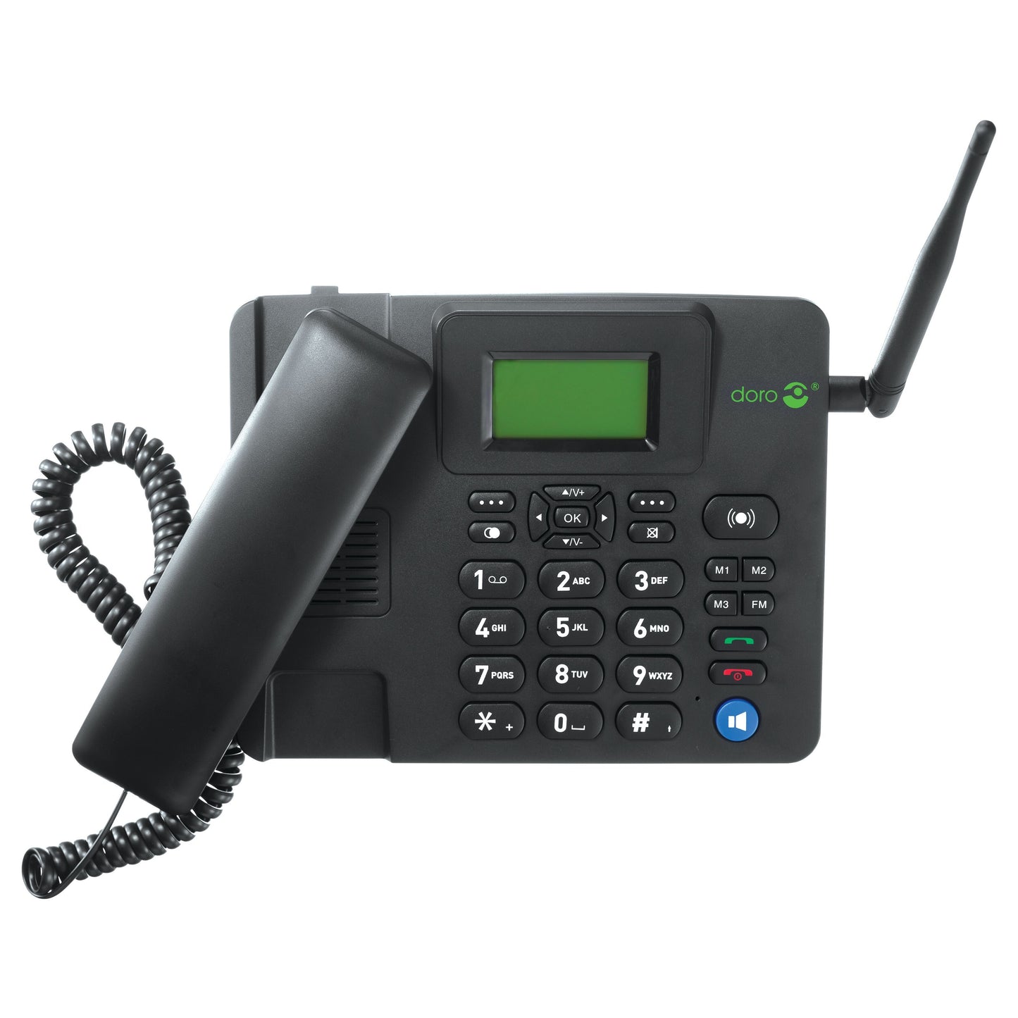 Doro 4100H bordtelefon sort med 4G, numerisk tastatur, lille display, antenne øverst til højre og håndsæt venstre side.