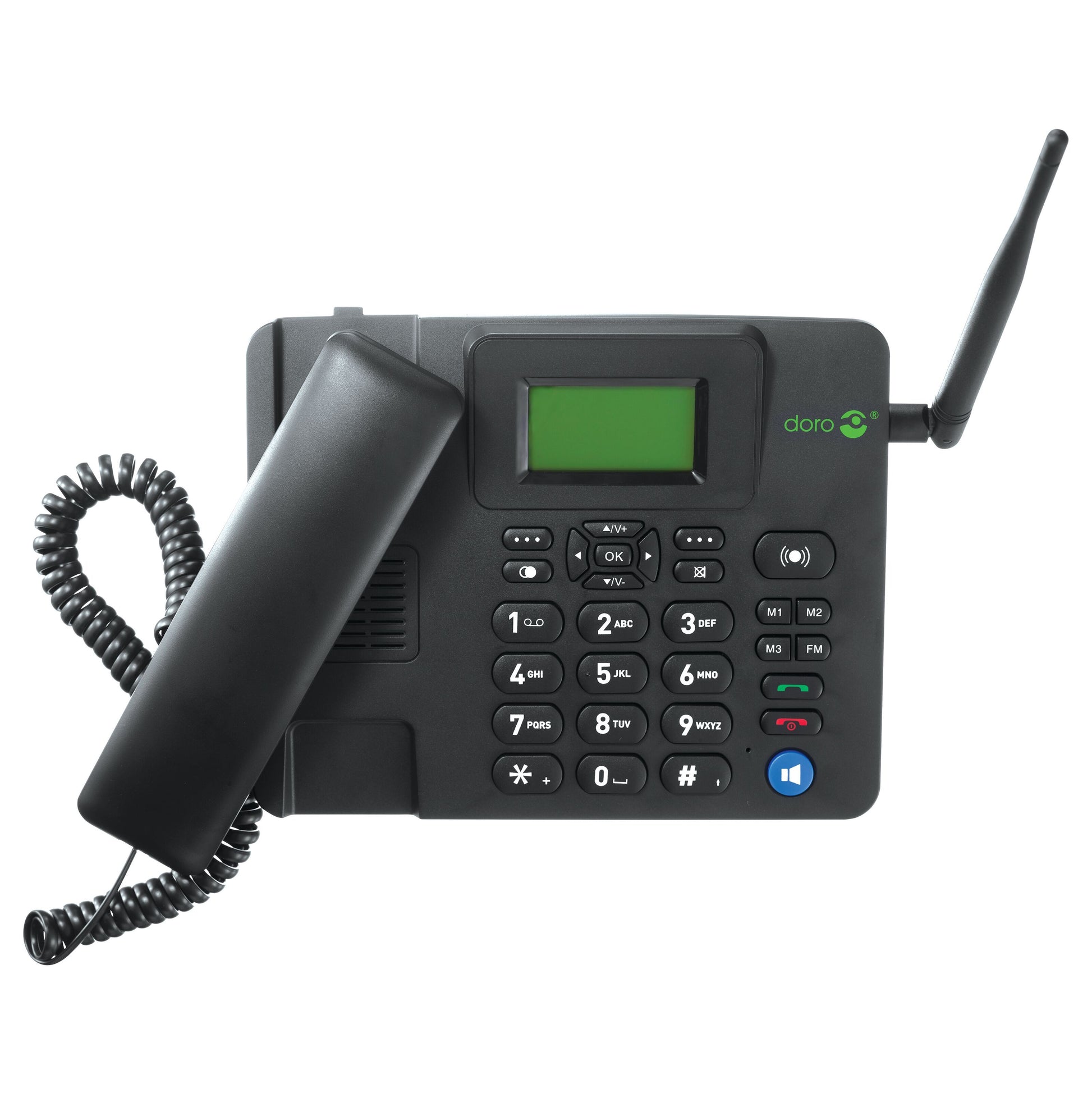 Doro 4100H bordtelefon sort med 4G, numerisk tastatur, lille display, antenne øverst til højre og håndsæt venstre side.