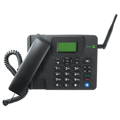 Doro 4100H bordtelefon sort med 4G, numerisk tastatur, lille display, antenne øverst til højre og håndsæt venstre side.