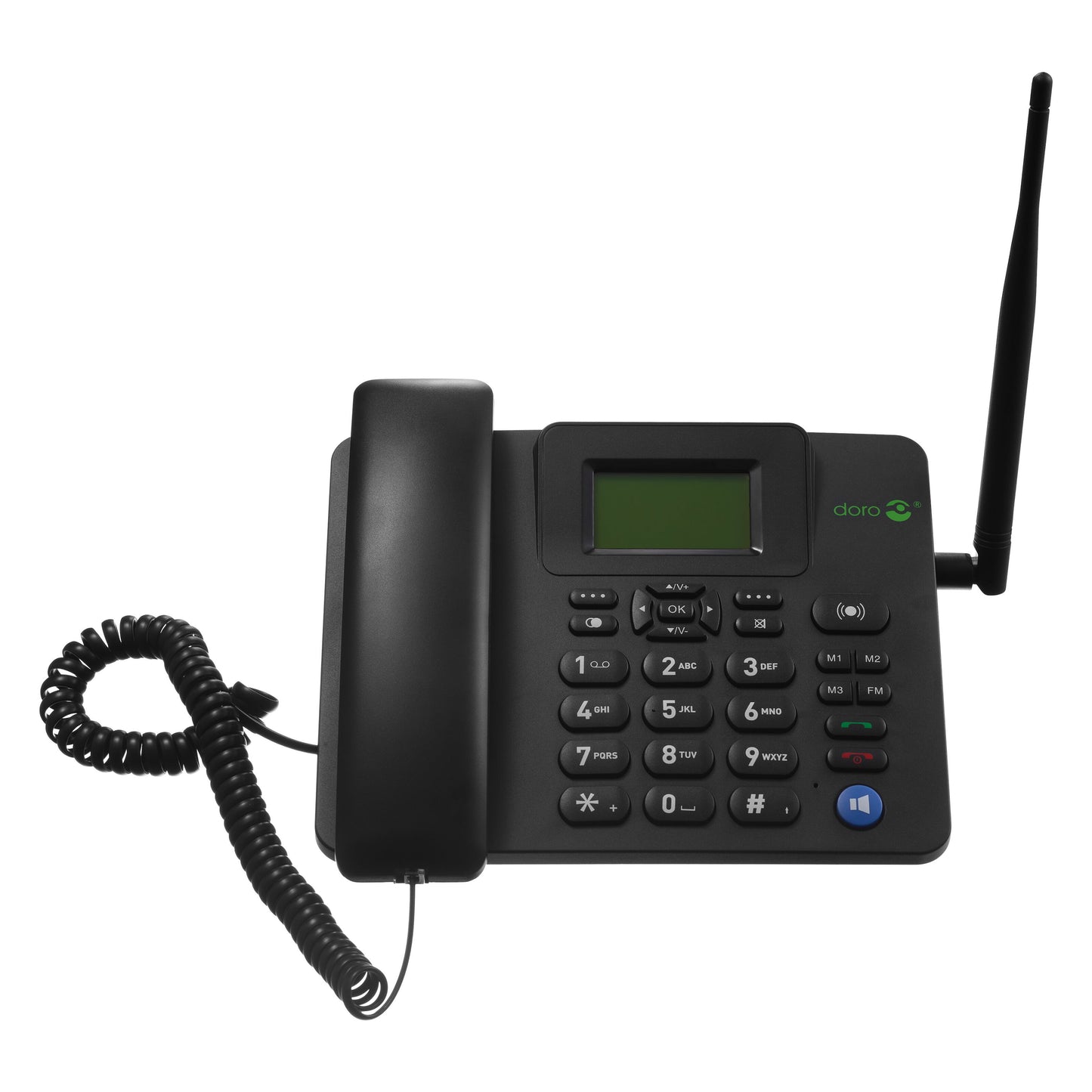 Doro 4100H bordtelefon 4G, sort med tastatur, lille display, antenne til højre og håndsæt til venstre.