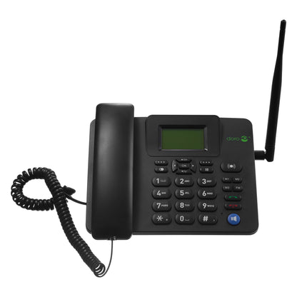 Doro 4100H bordtelefon 4G, sort med tastatur, lille display, antenne til højre og håndsæt til venstre.