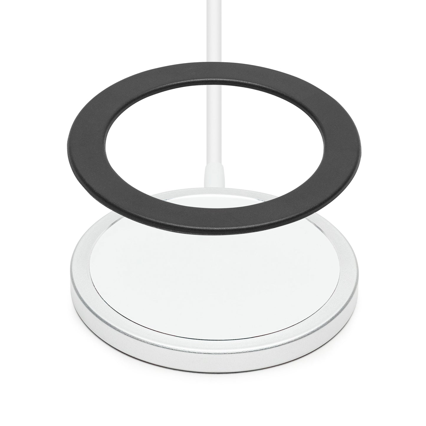 Linocell magnetisk adapter til trådløs opladning, rund plade, metallisk bund, sort ring, MagSafe, hvid bagkabel.