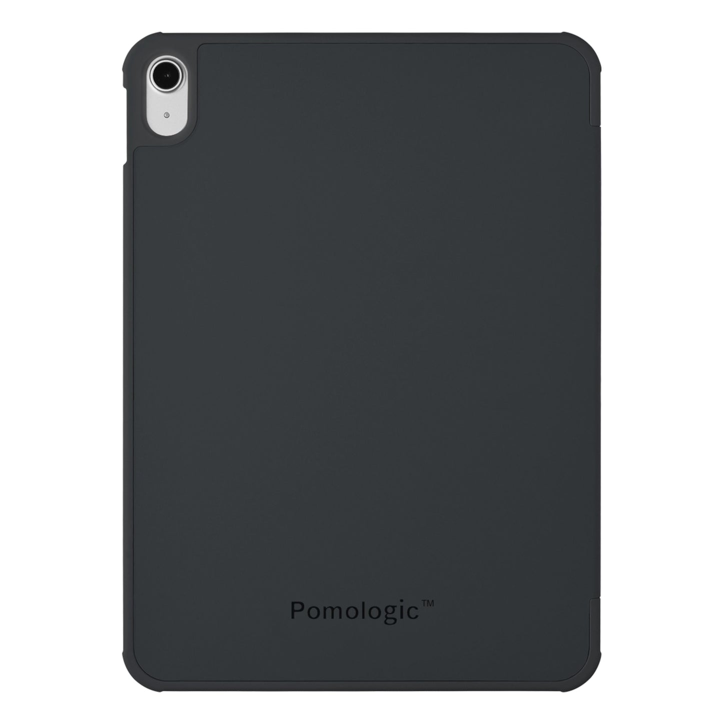 Pomologic Book Case cover til iPad 10,9 (10. gen.), sort, kamerahul øverst til venstre, Pomologic logo nederst.