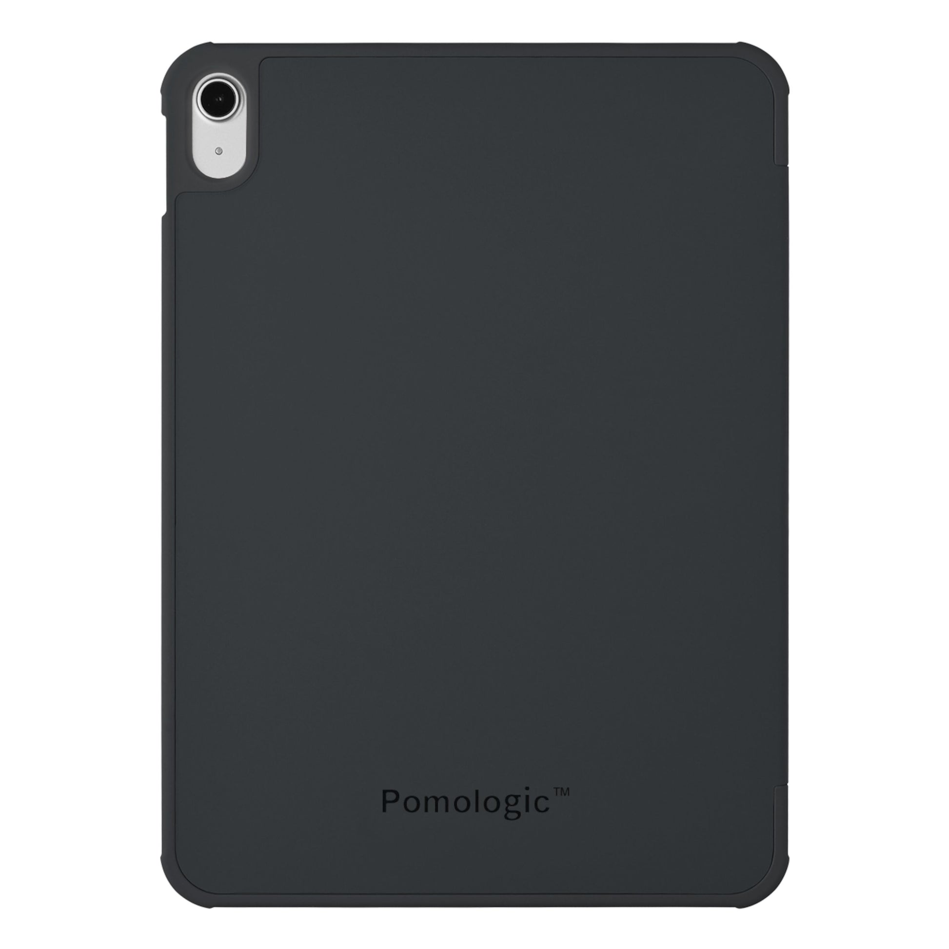 Pomologic Book Case cover til iPad 10,9 (10. gen.), sort, kamerahul øverst til venstre, Pomologic logo nederst.