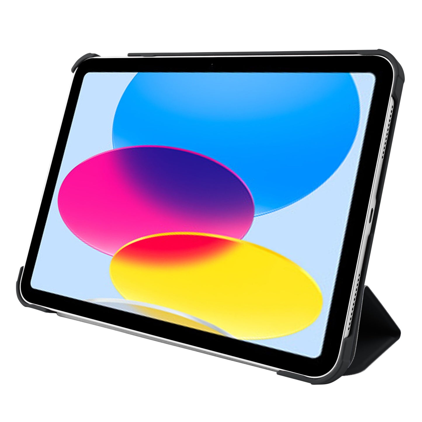 IPad 10.9 (10. gen) i sort Pomologic Book Case cover i landscape med farverig oval grafik på skærmen.