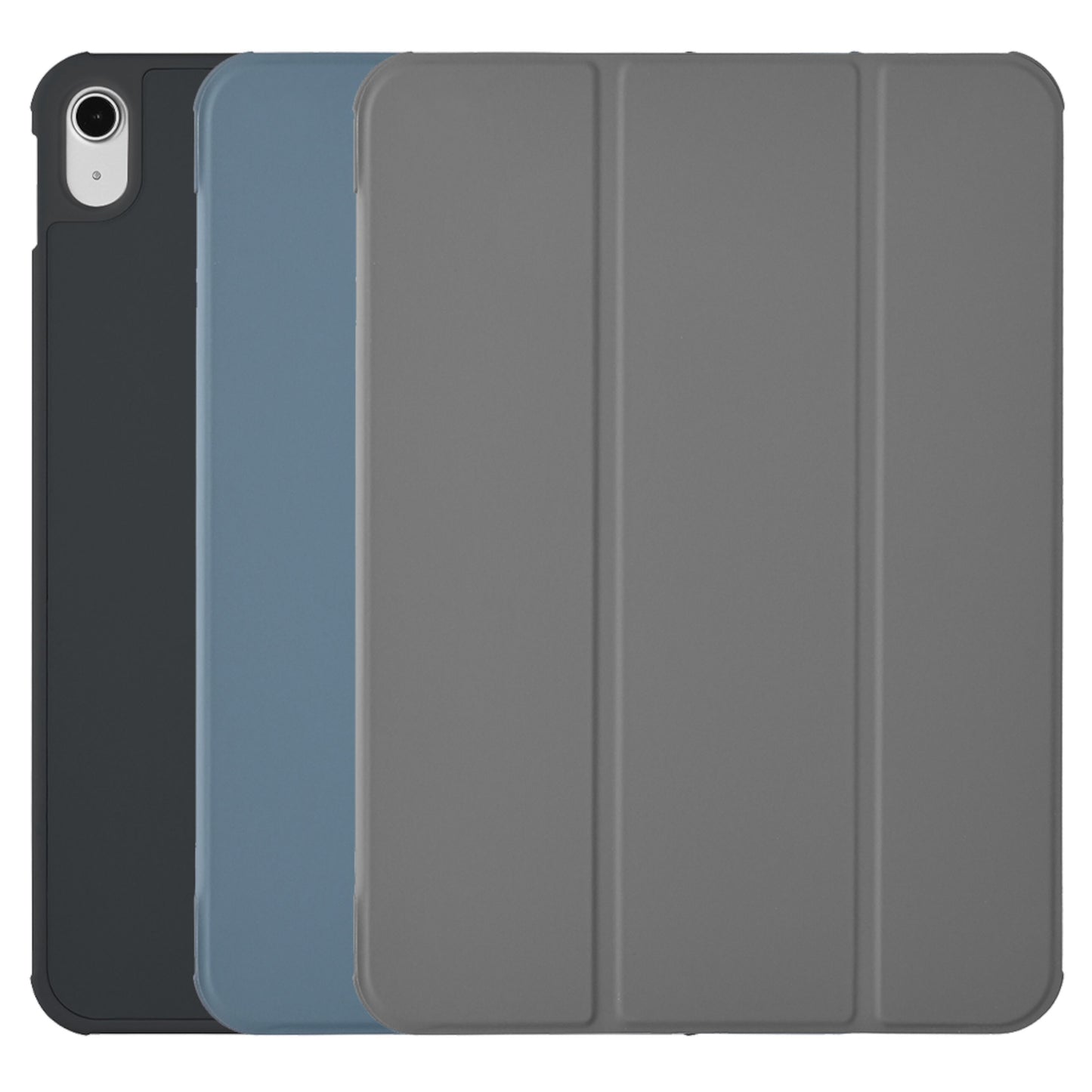 Book Case cover til iPad 10,9 (10. gen.) blå med tri-fold front og kamerahul øverst til venstre.