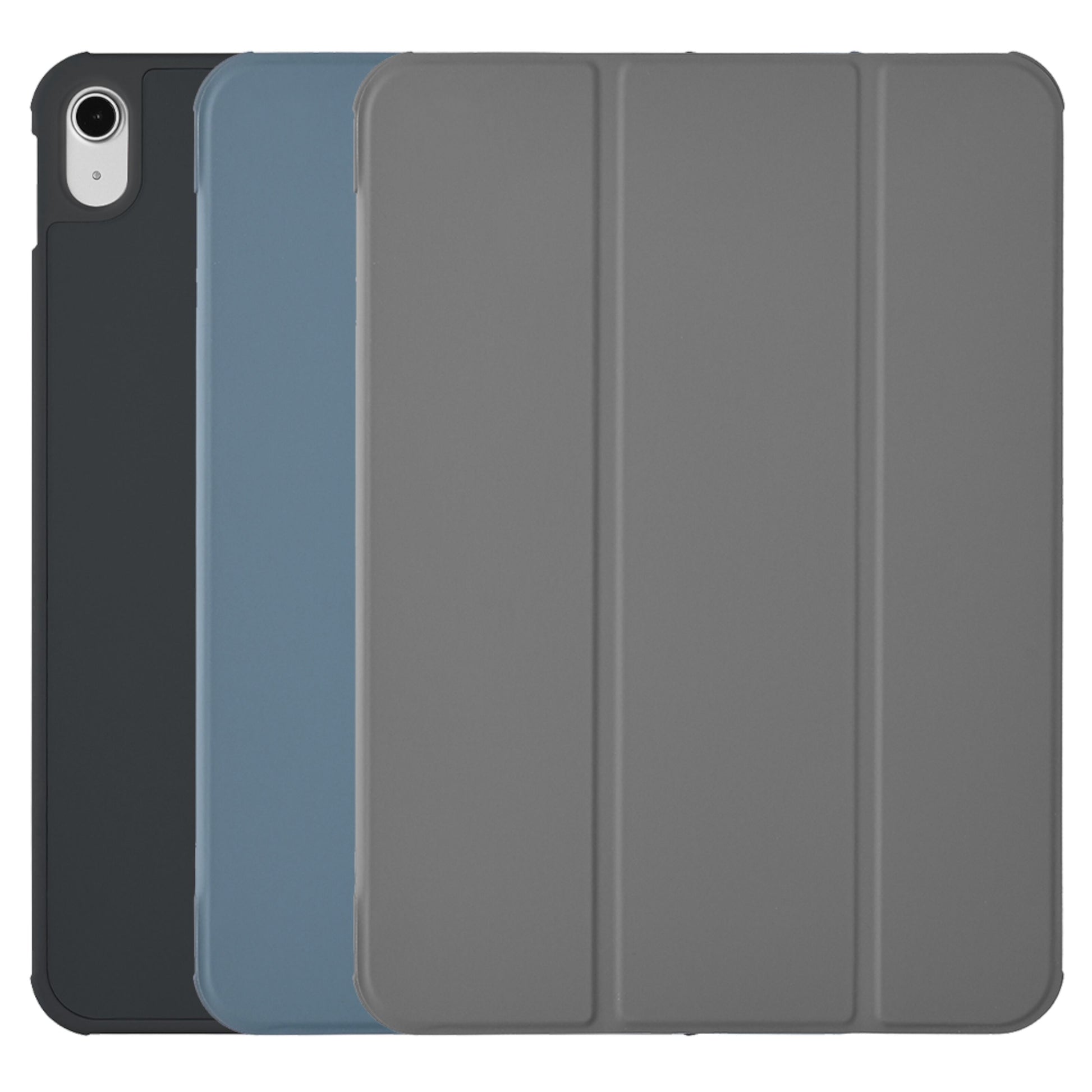 Book Case cover til iPad 10,9 (10. gen.) blå med tri-fold front og kamerahul øverst til venstre.
