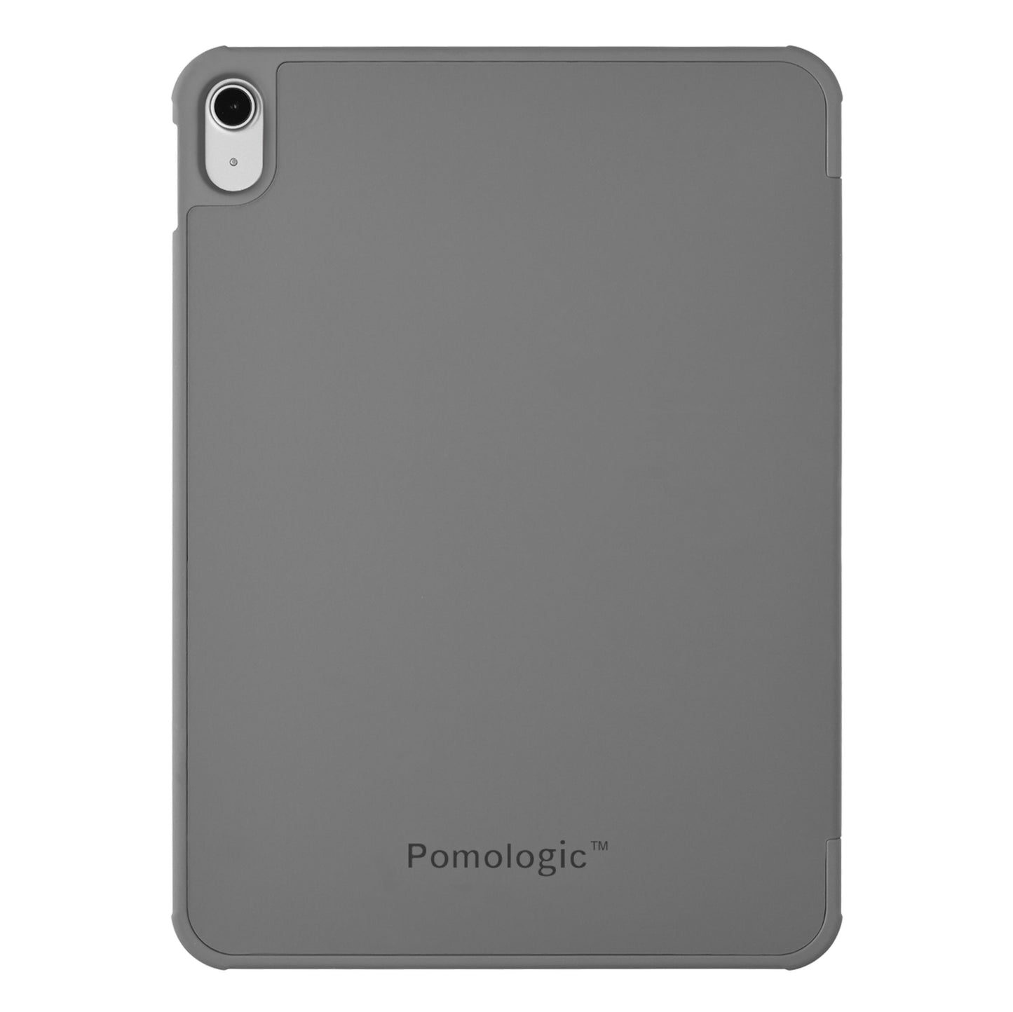 Pomologic Book Case cover til iPad 10,9 (10. gen.) grå, kamerahul øverst til venstre, logo nederst, runde kanter.