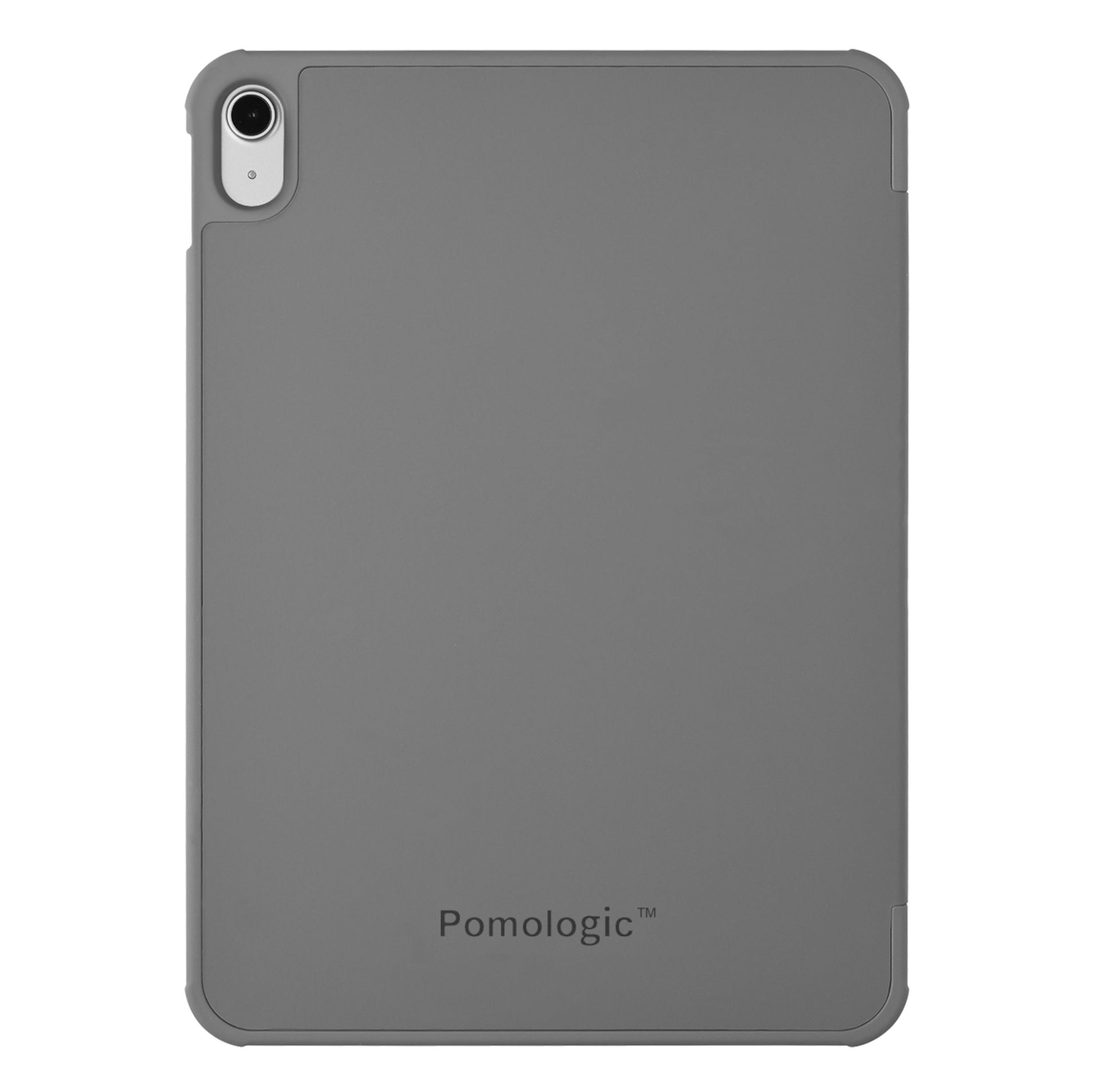 Pomologic Book Case cover til iPad 10,9 (10. gen.) grå, kamerahul øverst til venstre, logo nederst, runde kanter.