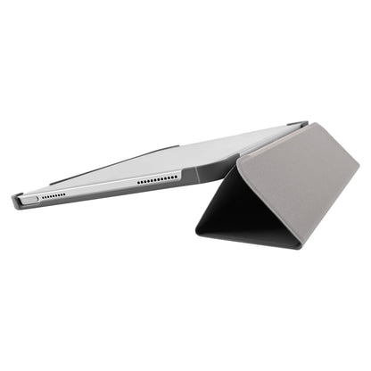 Book Case cover til iPad 10,9 (10. gen.) grå, foldet som stander, synlig kant, højttaler og port.