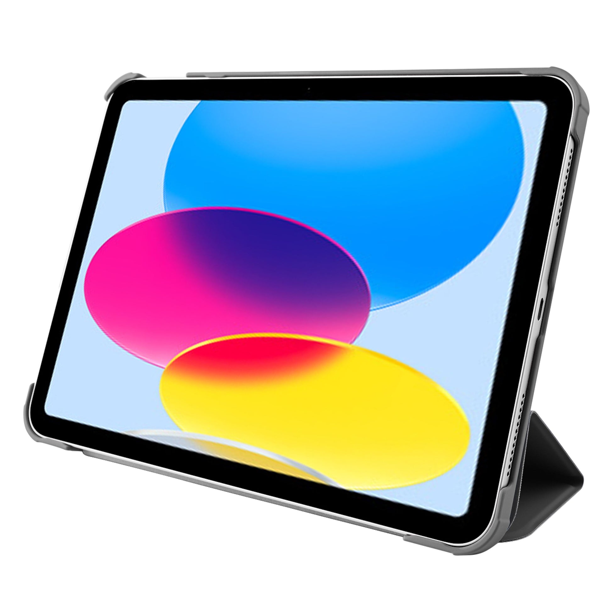 Pomologic Book Case cover til iPad 10,9" (10. gen.) grå, står op som stander, synlig farverig skærm med blå, pink og gul.