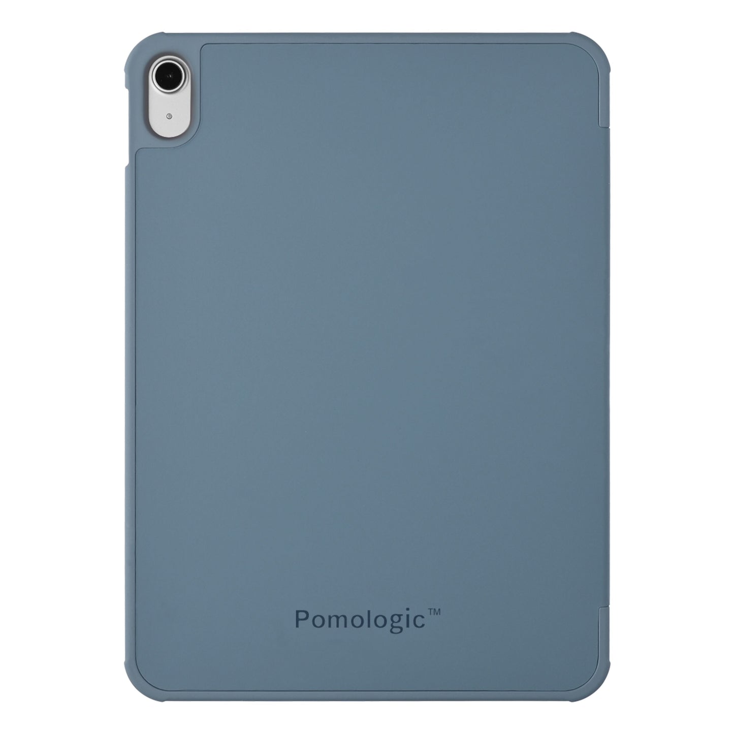 Pomologic Book Case cover til iPad 10,9 (10. gen.) blå med afrundede hjørner, kameraudskæring og logo nederst.