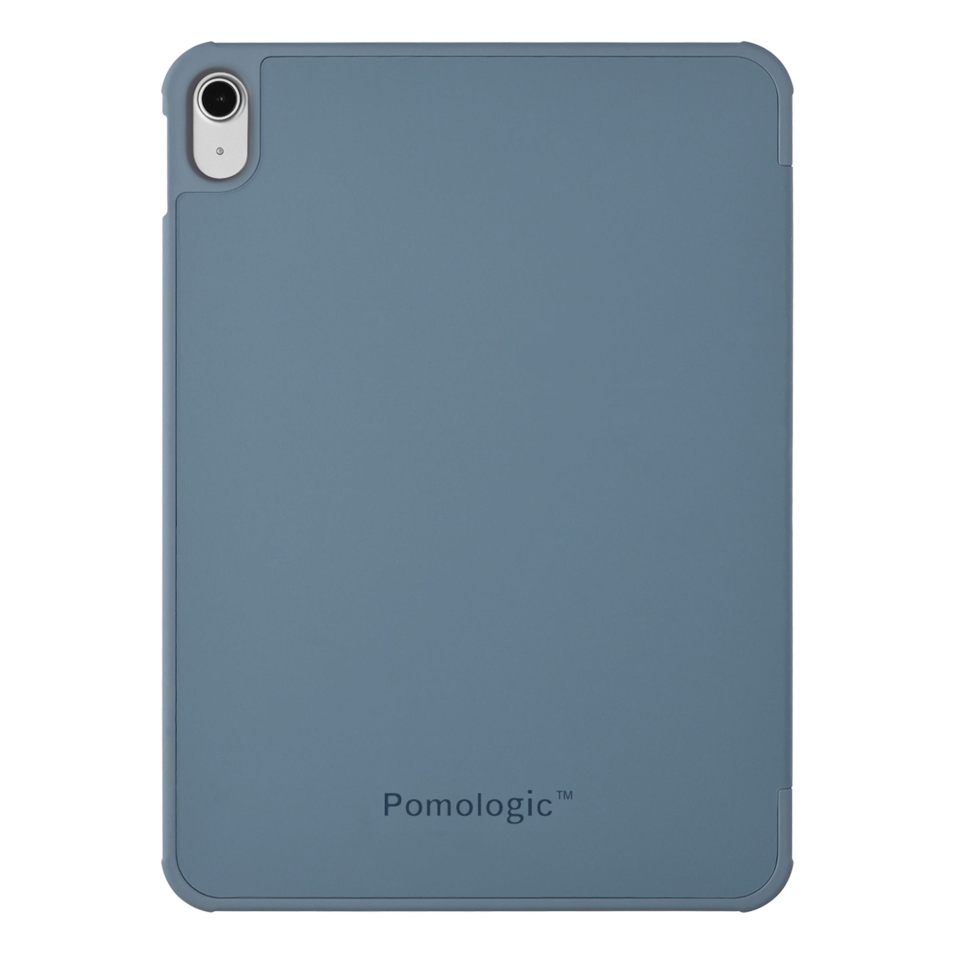Pomologic Book Case cover til iPad 10,9 (10. gen.) blå med afrundede hjørner, kameraudskæring og logo nederst.
