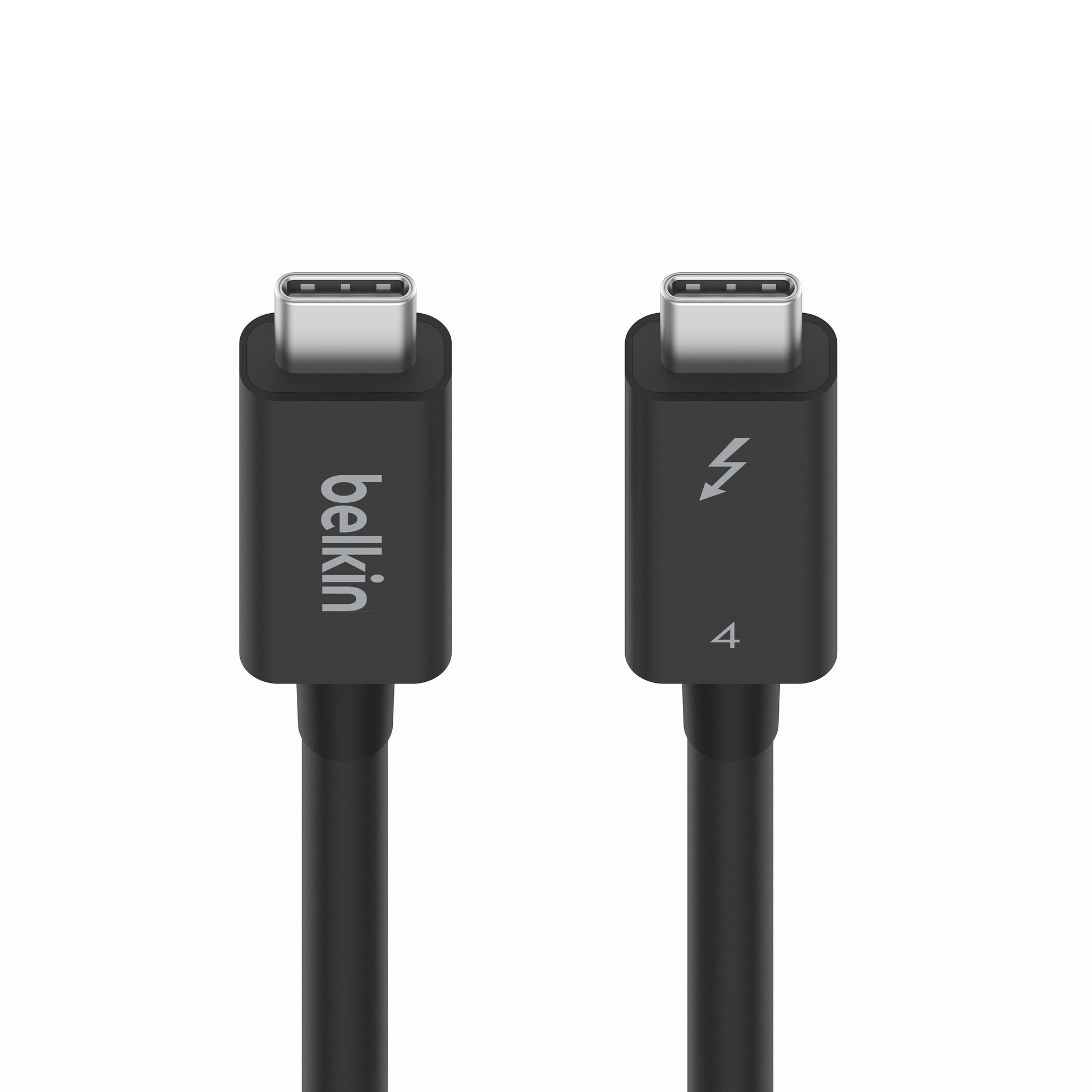 Belkin Thunderbolt 4 Aktiv USB-C-kabel 2 m og sort USB-C-kabel med lyn ikon og tallet 4.