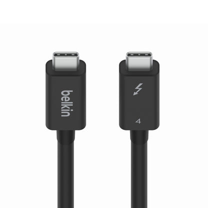 Belkin Thunderbolt 4 Aktiv USB-C-kabel 2 m og sort USB-C-kabel med lyn ikon og tallet 4.
