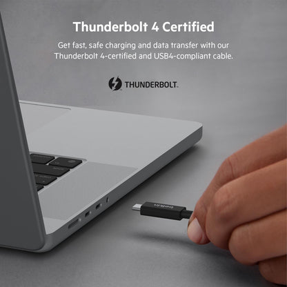 Belkin Thunderbolt 4 Aktiv USB-C-kabel 2 m ved laptop, tekst: Thunderbolt 4 Certified, opfylder Thunderbolt 4 og USB4.